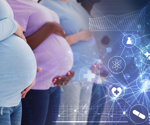 A row of pregnant women hold their bellies next to an abstract graphic representation of data analytics.