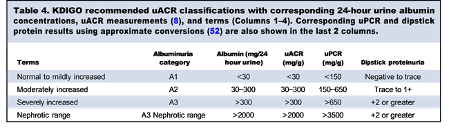 Table 4. KIDGO recomended uACR classifications with corresponding 24-hour urine albumin concentrations, uACR measurements, and terms. Corresponding uPCR and dipstick protein results using approximate conversaions are also shown in the last 2 columns