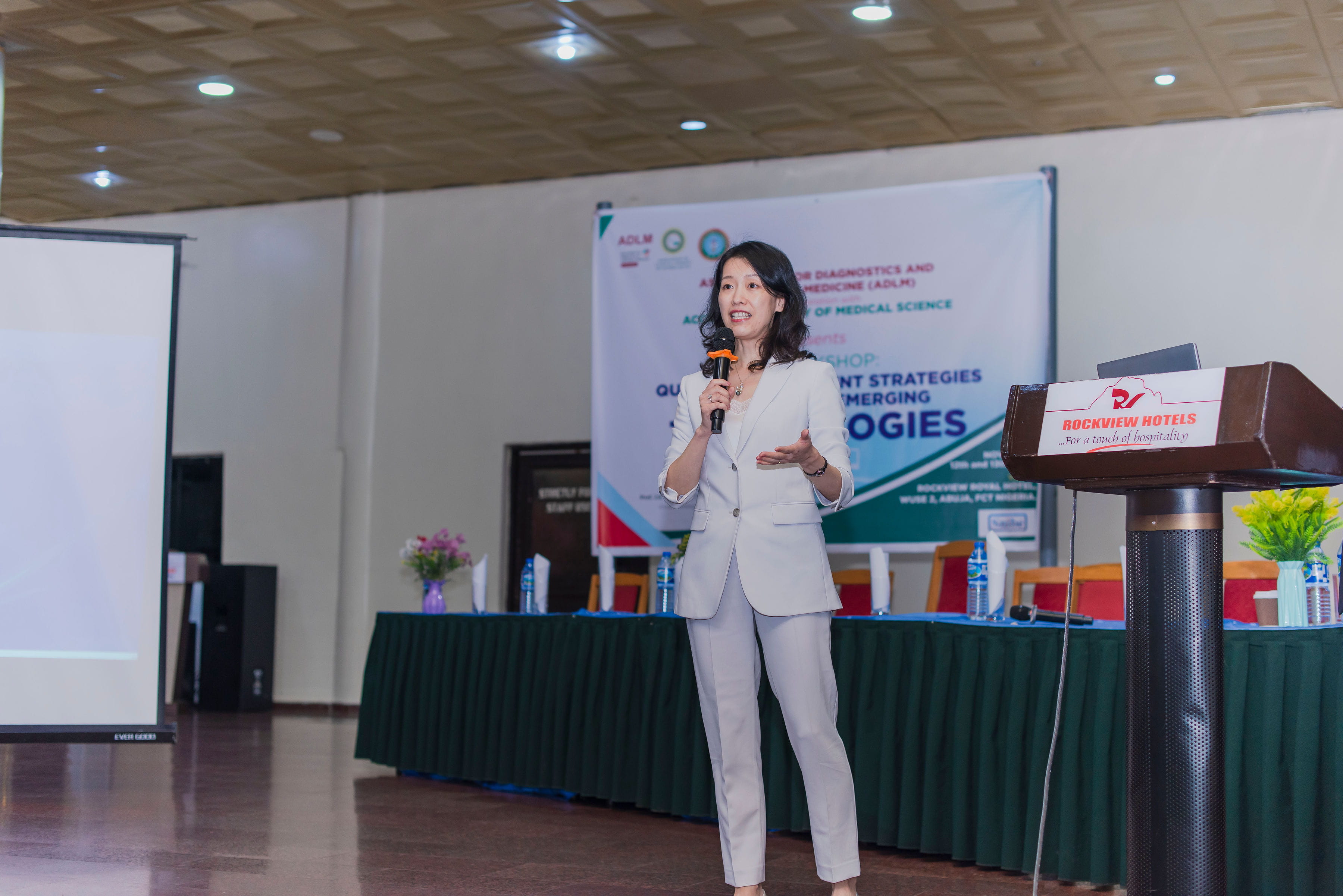 Sarina Yang, PhD speaking at the ADLM/ACCN/Academy of Medical Sciences of Nigeria workshop