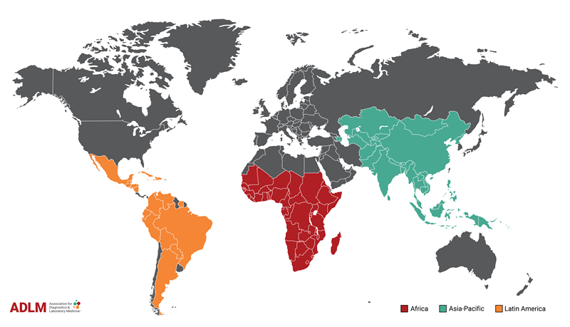 World map with various regions highlighted that show where societies/institutions have to be based in order to request Global Ambassadors. 