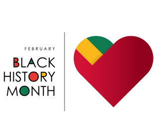 graphic with text reading black history month with red, yellow, and green colors and a large heart