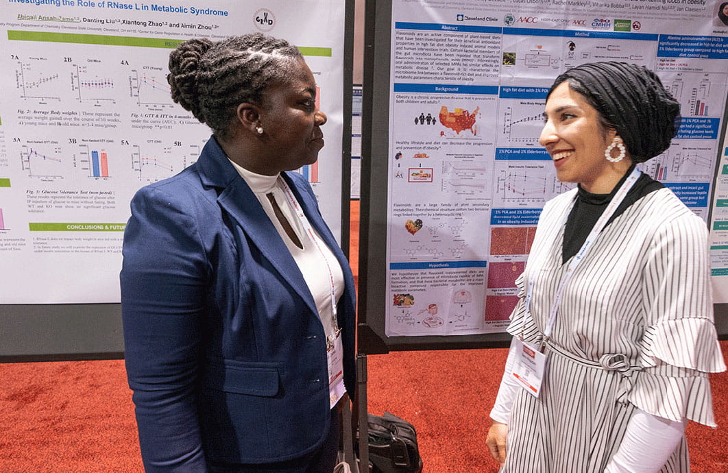 Two scientists talking at an abstract poster session.