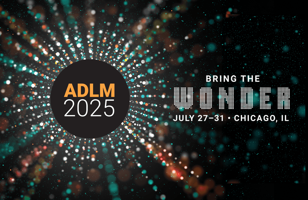 The ADLM 2025 logo in the middle of a starburst next to the words, “Bring the wonder – July 27-31 – Chicago, IL.”