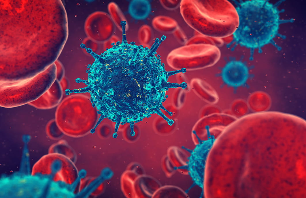 An illustration of virus particles among red blood cells.