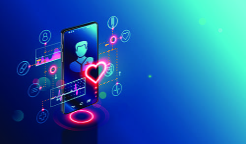 a 3D smartphone surrounded by digitized paths