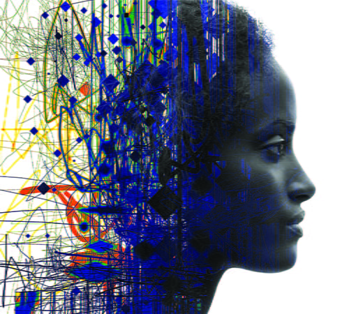 A side profile of a woman with scribbled lines covering that back half of her head