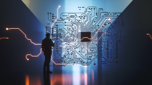 A man standing and looking at an artificial intelligence map