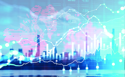 An image of skyscrapers behind a map and different graphs