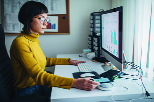 A female wearing glasses, a yellow shirt, and jeans, sitting at a desk in front of a computer while also looking at a phone.