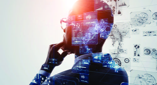 A digitized image of a male wearing glasses with his hand on his chin while digital sequences float around him.