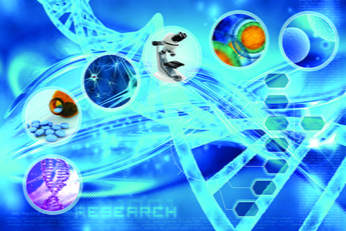 6 circles with different lab images across a blue background with a double helix