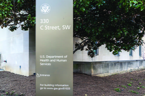 The sign outside of the U.S. Department of Health and Human Services building.