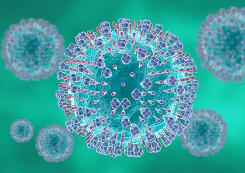 Microscopic respiratory syncytial virus. It causes infections of the respiratory tract and lungs in newborns and young children.