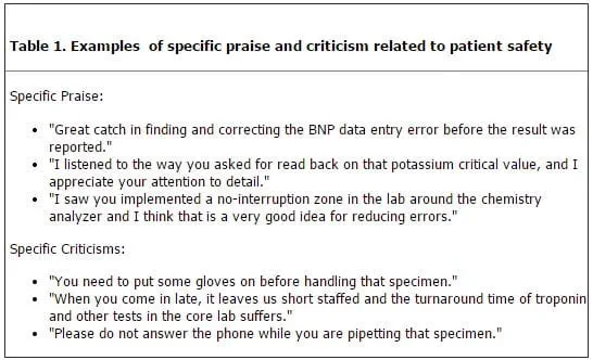 Table 1. Examples  of specific praise and criticism related to patient safety