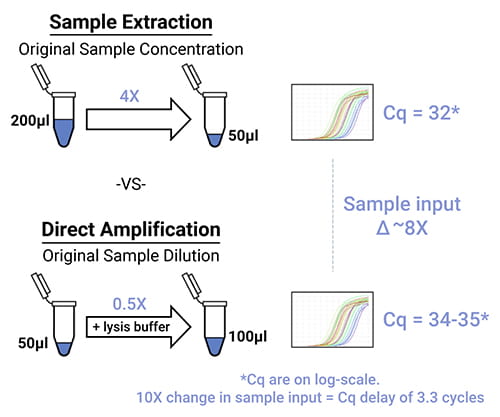 Comparison of amplification results of the same sample with a sample extraction workflow and a direct amplification workflow.