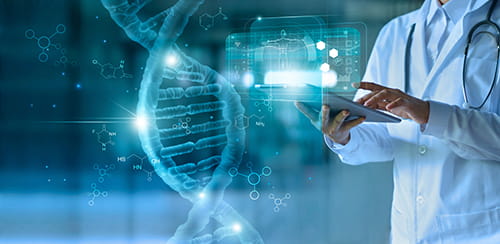 A laboratorian on a tablet with holographic medical structures around.